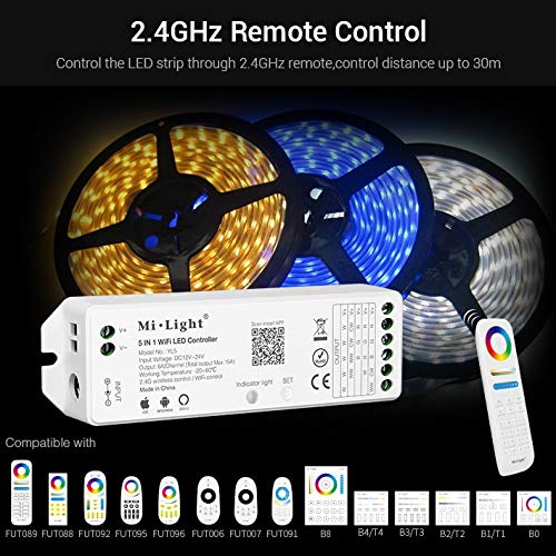 5 in 1 LED Controller, Mi Light RGBW RGBWW W/CW RGBCCT Controller, Compatible with Amazon Alexa Voice Control, 2.4G Wireless 15A Led Strip Light WiFi APP Bridge, Wireless Control Dimmer for 5050 Strip