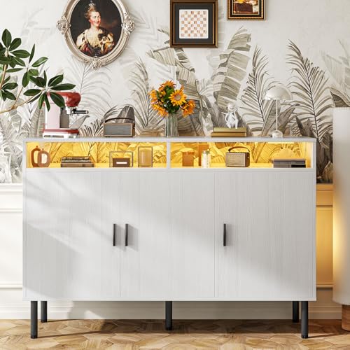 SIMPLE ESPACIO Mueble bufetera con tomacorriente, credenza bufetera,con luz LED,alacenas flotantes para Cocina, con Dos estantes Ajustables de Gran Espacio de Almacenamiento (Blanco, 1,2 Millones)