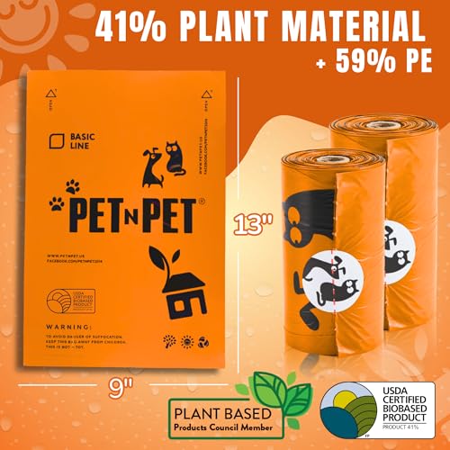 PET N PET 1080 Count Poo Bags Dogs USDA Certified 41% Plant based 72 Thick Dog Poop Bags Rolls 9x13 Leak-Proof Orange Unscented
