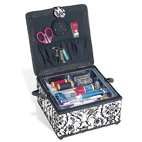 Prym White Flocked Fabric with Black Trim Square Sewing Basket-Medium, Polyester, 23x23x14 cm