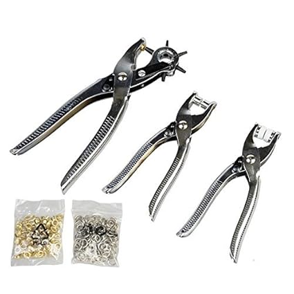 Okayji 3 in 1 Leather Belt Hole Punch, Eyelet Pliers and Snap Button Setter Tool Kit (Silver) -Set of 3