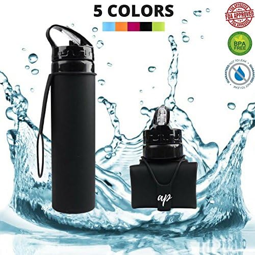 AP Sport AP 20oz Collapsible Folding Silicone Water Bottle Leak Proof BPA Free Eco-Friendly Odorless Must Have for Travel Gym Health Fitness Beach Camping &amp; Outdoor Sport (Black)