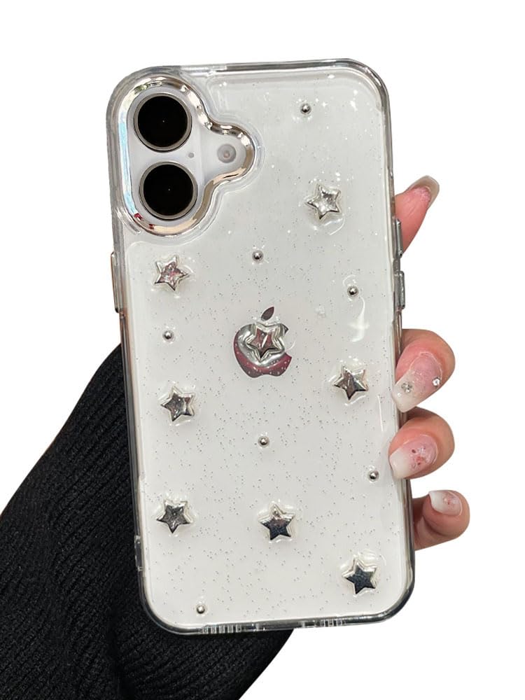 EYZUTAK iPhone 16 Plus Bling Glitter 3D Stars Crystal Clear Case - Sparkly Aesthetic Design with Soft Durable TPU Transparent Protective Cover for Women Girls