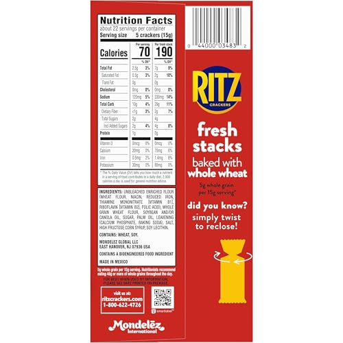 RITZ FRESH STACKS WHOLE WHEAT CRACKERS, TRAVEL SNACKS, 11.6 OZ (8 MULTI SNACK PACKS)