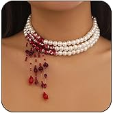 Dripping Blood Pearl Necklace Handmade Red Vampire Choker Blood Necklaces Halloween Party Gothic Necklace Witch Costume Vampire Accessories for Women