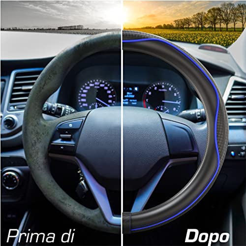 Upgrade4cars Universal Black Blue Faux Leather Steering Wheel Cover | Steering Wheel Cover Diameter 37-38 cm | Interior Car Accessories | Gifts for Women and Men