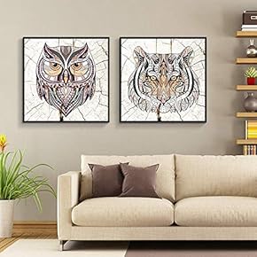 Framed Canvas Wall Art for Living Room, Bedroom Wood Panels Owl and Tiger Illustration Canvas Prints for Home Decoration Ready to Hang - 16"x16"x2 Panels