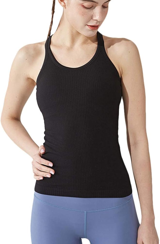 Amazon.com: Camiseta sin mangas de espalda cruzada para mujer con brasier  deportivo con relleno incorporado, para yoga, entrenamiento y correr:  Clothing