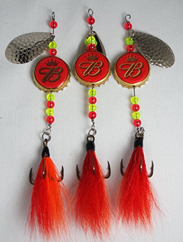 Budweiser, set of three beer cap fishing lures, with dressed buck…