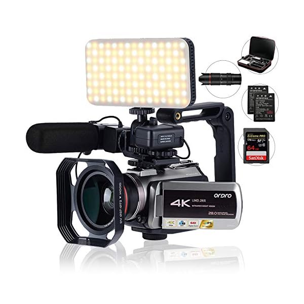 Camcorder 4k,mit 64-fachem Digitalzoom, Verbindung/LED-Licht, Mikrofon und anderem Zubehör (Kameratasche und 64 GB SD…
