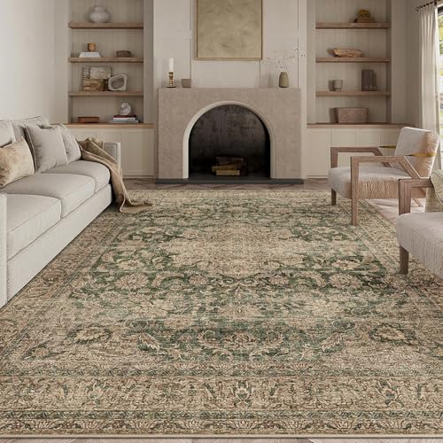 HUGEAR Vintage Waschbarer Grüner Teppich Wohnzimmer 300x400cm Retro Rugs for Living Room Weich rutschfest Groß Tepich Kurzflor Schlafzimmer Carpet Liv