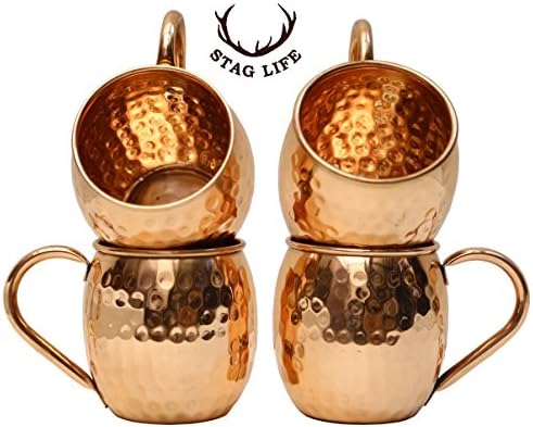 Staglife Hot Coffee Copper Mugs Moscow Mule Copper Cups with Copper Handle Gift Set of 4 Capacity 16 Oz
