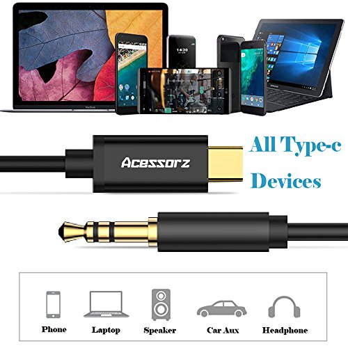 Type C to 3.5mm Audio Aux Jack Adapter, Acessorz USB C Male to 3.5mm Male Extension Headphone Audio Stereo Cord Adapter Cable for Google Pixel 2/XL, Moto Z and Type-c Devices - 1.2m (Black)