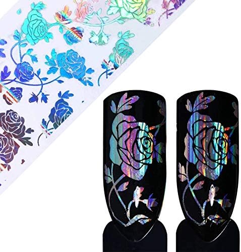 Tempea Metallic retro rainbow chameleon glitter chrome NAIL FOIL TRANSFER psychedelic mirror effect silver nail decals paisley floral rose petal holographic unicorn nail art (1)
