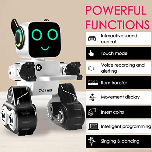 IHBUDS Remote Control Toy Robot for Kids,Touch & Sound Control, Speaks, Dance Moves, Plays Music. Built-in Coin Bank. Programmable, Rechargeable RC Robot Kit for Boys, Girls All Ages - White/Black
