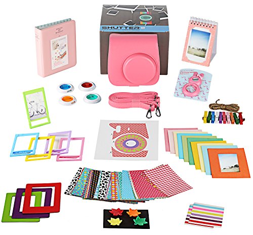 Fujifilm Instax Mini 9 FLAMINGO PINK Camera Accessories Bundle, Fuji 14 PC Kit Includes: Instax Case + Strap, 2 Albums, Filters, Selfie lens, Magnets + Hanging + Creative Frames, 60 stickers, Gift Box