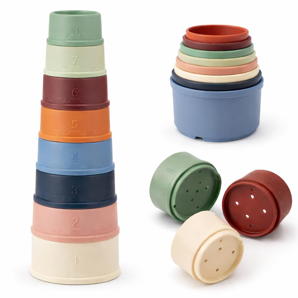 9 Pieces Baby Stacking Cups, Toddler Bath Toys Baby Toy For Activity Nesting Cup Pre-school Learning Toy Montessori Toys for 1, 2 Year Old Boy Girls (Multicolour Cups # 03)