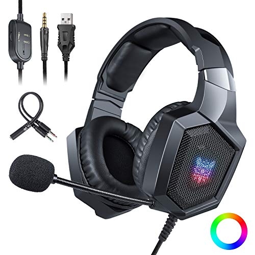 PC Gaming Headset with Mic and USB RGB LED Light,Lightweight Stereo Sound Over Ear Headphones,Soft Memory Earmuffs & Noise Cancelling & Volume Control (Black)