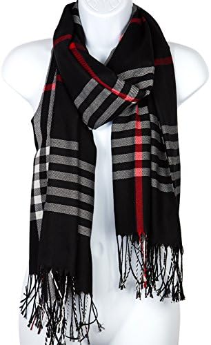 Pashmina Silk Scarf Plaid Checker Pattern Long Soft Shawl Wrap Cape (Black)