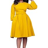 Elainone Women Long Sleeve A Line Dress with Belt Church Wedding Guest Semi Formal Office Dresses