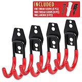 4pcs Garage Hooks for Hanging Ladder Hose Extension Cord Shovel Bike Chair Garden Tools, [UPGRADE VERSION] Wall Mount Hanger and Storage with Longer Screws Hardware Included and Anti Slip Rubber