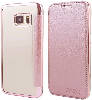 S7 Flip Cover,SINHONG [Clear Back with Bling Bumper] Flip Leather Case Cover Slim Fit with Credit Card Holder Slot for Samsung Galaxy S7 - Rose Gold