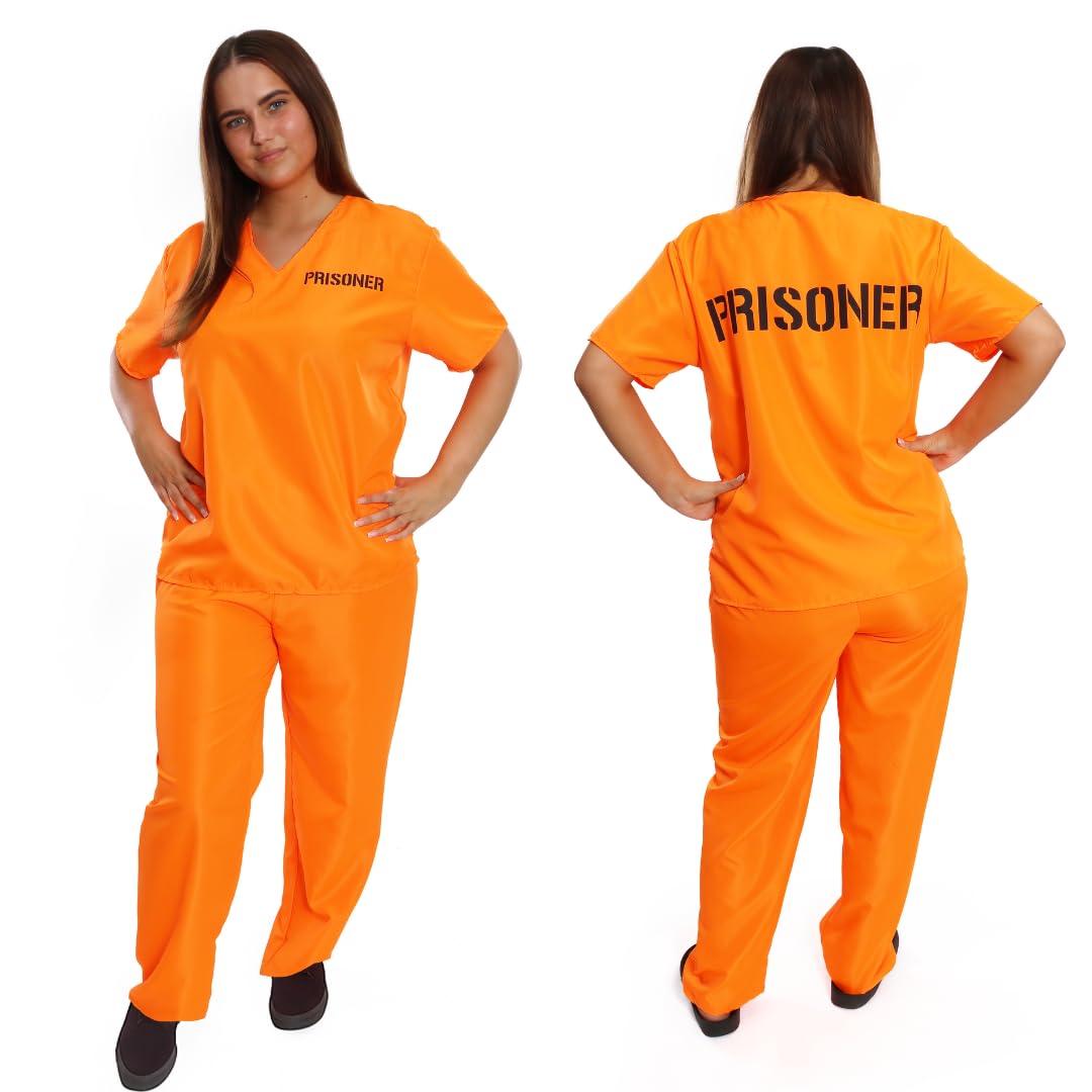 Ladies Orange Convict Prisoner Costume - X-Small Top & Trousers with "Prisoner" Text – Halloween, Cops and Robbers, Fancy Dress, Jail Inmate, Hen Party Outfit