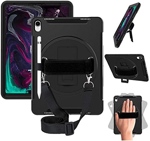 iPad Pro 11 Case, Shockproof Water-Resistant Rugged Silicone Case with Screen Protector Pencil Holder Stand Handle Hand Grip Shoulder Strap, for Apple Tablet 2018 Cover A1980/A2013/A1934/A1979 Black