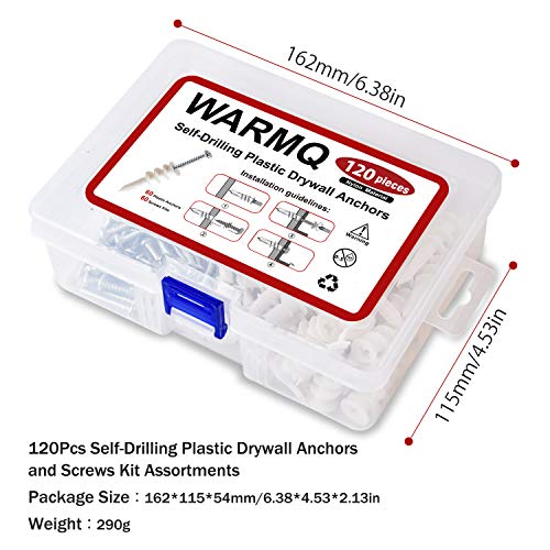 Drywall Anchors Plastic Self Drilling Hollow Wall Screw Anchors with Tapping Screws Assortment Set kit (120)