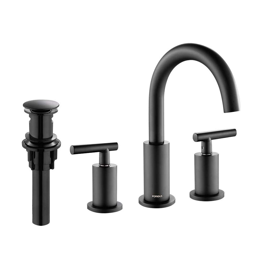 FORIOUS Two Handle High Arc Widespread Bathroom Sink Faucet 3 Hole with with Pop-Up Drain and Water Supply Lines, Matte Black