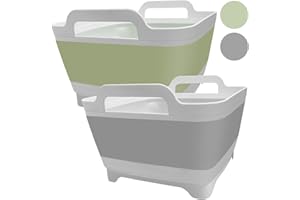 Ikaufen 2PCS Dishpan for Washing Dishes, 9L(2.4Gallon) Collapsible Wash Basin with Drain Plug Carry Handles, Collapsible Bucket for Cleaning, Vegetable Washing, RV(Green + Grey)