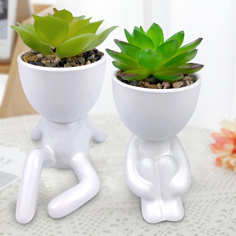 ODIWEN 2 PCS Mini Fake Succulents Mini Artificial Succulent Desk Plant in Pots, Artificial Plants with Creative Human Shape Pots, Decorative Fake Succulent Faux Plastic Plant Indoor