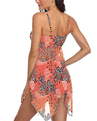 Temptme Women Swimsuit Two Piece Tankini Mesh Swimdress Floral Printed with Boyshort Bathing Suits - Thumbnail 5