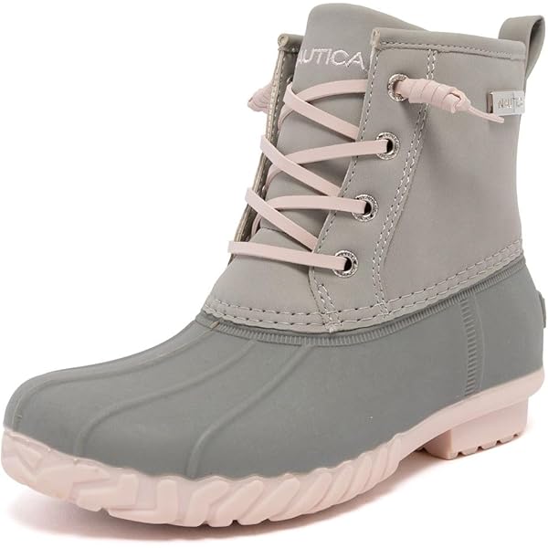 gray and pink duck boots