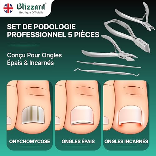 Blizzard Professional Pedicure Kit and Nail Foot Cutter - 5 Piece Podiatry Set for Ingrown and Thick Toenails - Clippers, File and Lifter - Stainless Steel - Senior and Men's Foot Care
