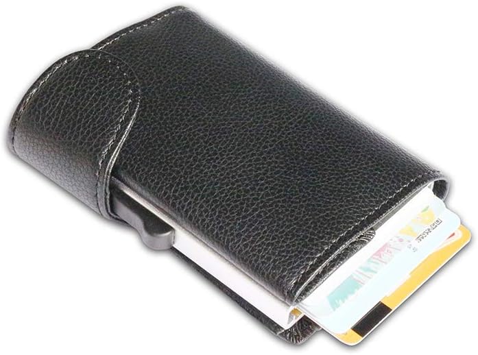 Card Holder, RFID Blocking Credit Card and Cash Wallet, Automatic Pop-Up Metal Card Wallet, Leather and Aluminum Mens Contactless Card Protector Metal Luxury Gift Box for Men (M, Black)