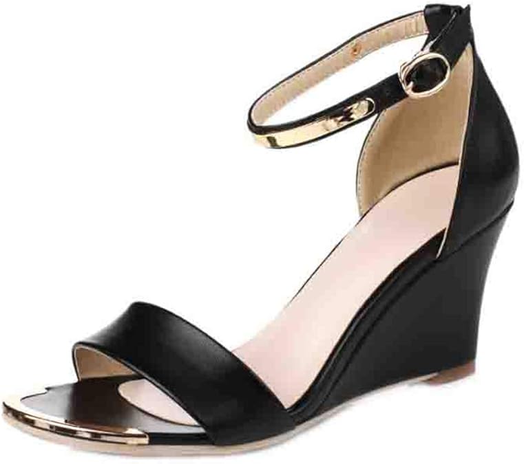 Amazon.com | MIOKE Women's Open Toe Leather Wedge Sandals Metallic Buckle Ankle Strap Platform 