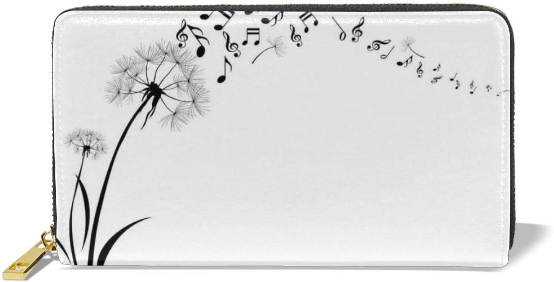 Women's Long Leather Card Holder Purse,Flying Dandelions With Note Music Summer Meadow Silhouette Softness Simple,Elegant Clutch Wallet