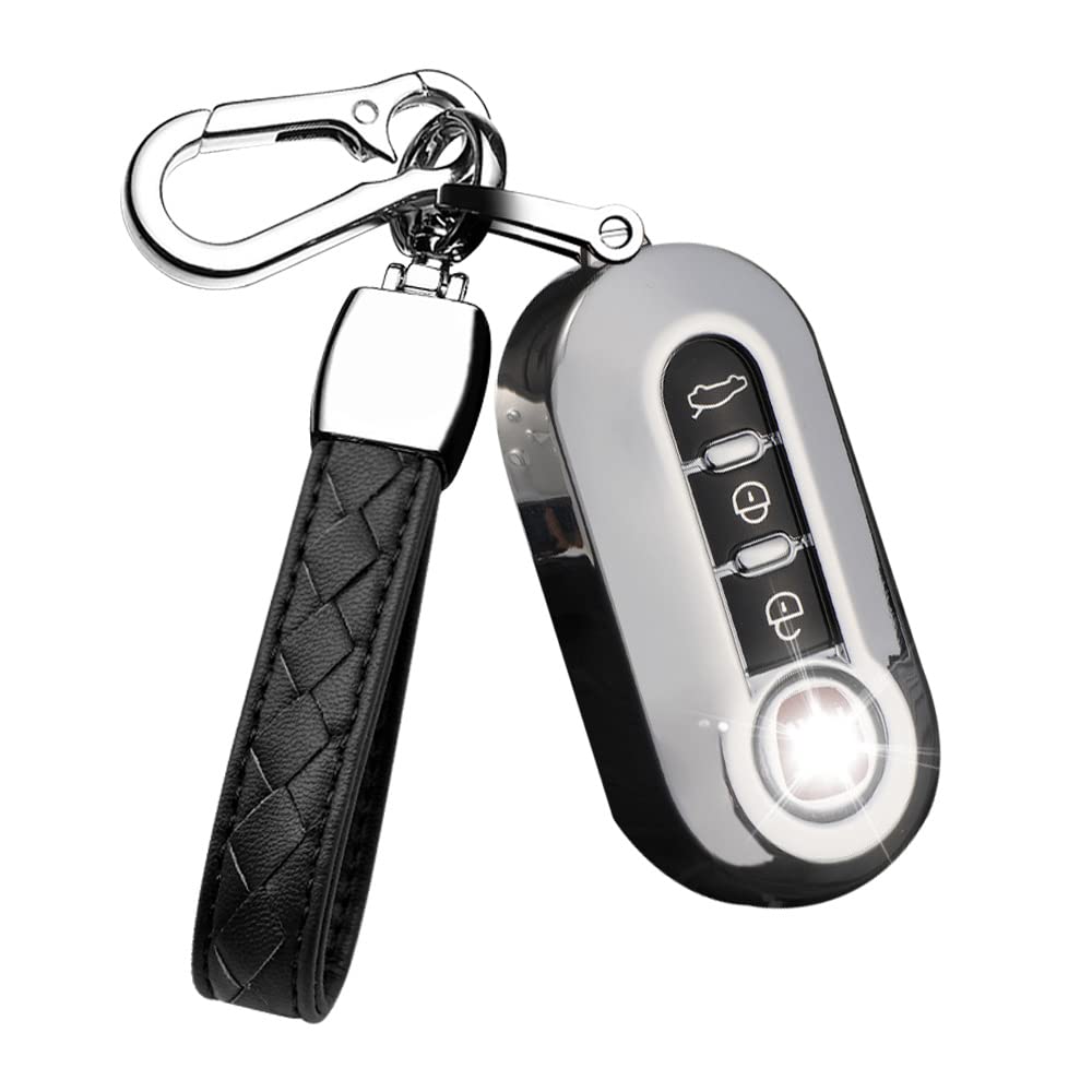 HIBEYO Flip Car Key Case Fits Fiat Key Case Silicone Key Protector for Fiat 500 Panda Punto Lancia Ypslon Delta Grande Bravo Protective Case for Remote Control 3 Buttons Silver