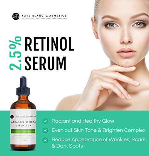 Retinol Serum 2.5% with Hyaluronic Acid & Vitamin E for Face, Acne Scars, Dark Spots by Kate Blanc. Professional Anti-Aging Topical Facial Serum, Anti-Wrinkle, Reduce Appearance of Fine Lines (1oz)
