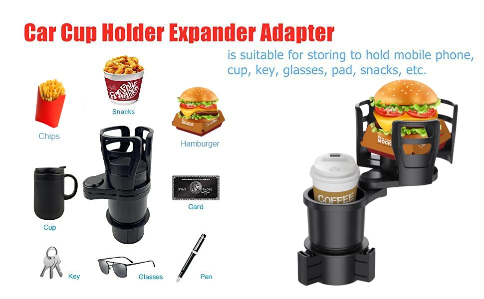Car Cup Holder Extender，fit Water Bottle 14oz-24 oz and Snack Cups，2 in 1 Multifunctional with Adjustable Base,Adjustable After Inserting, Suitable for Most car Cup Holders