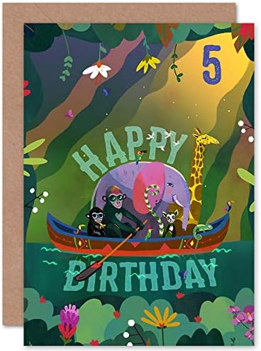 Wee Blue Coo Jungle Boat Kids 5th Birthday Card, Age 5, 17.5 x 12.5 cm