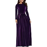 BestGirl Women's Velvet Maxi Dress Crew Neck Long Sleeve High Waist with Belt Cocktail Party Bridesmaid Dresses