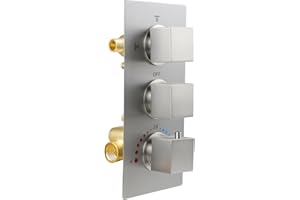 HOMEDEC Brushed Nickel 3 Way Shower Valve Thermostatic Anti-scald with 3 Square Knobs, Water Diverter Temperature Control Brass Rough-in Valve