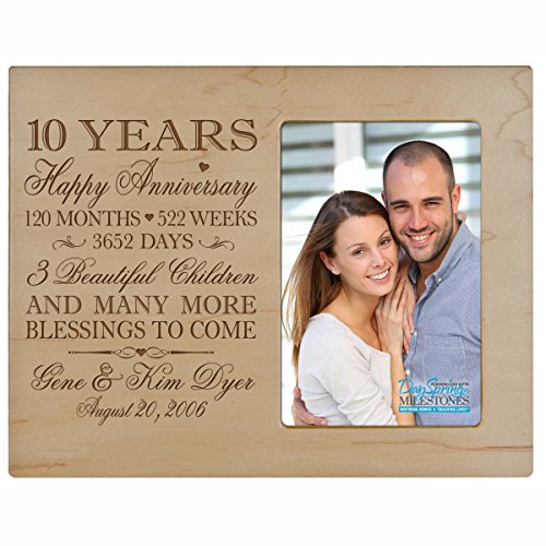 Personalized ten year anniversary gift for her him couple Custom Engraved wedding gift for husband wife girlfriend boyfriend photo frame holds 4x6 photo by LifeSong Milestones (maple)