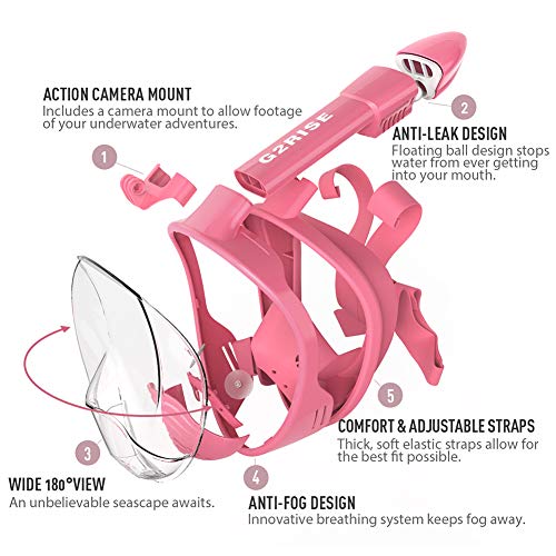G2RISE SN01 Full Face Snorkel Mask with Detachable Mount and Snorkeling Tube, Anti-Fog & Easybreath Design for Kids Girls (Pink, XS)