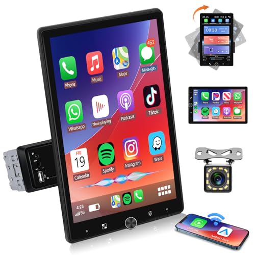 Photo 1 of 10.4" Single Din Touchscreen Car Stereo with Wireless Carplay& Android Auto, Adjustable Car Radio with Bluetooth, Mirror Link, FM Radio, Subwoofer, SWC, Backup Camera