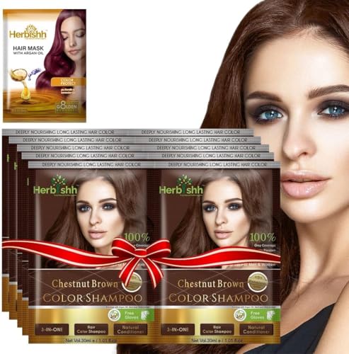 Herbishh Hair Color Shampoo For Gray Hair–Natural Hair Dye Shampoo With Argan Hair Mask–Travel Size-Colors Hair In Minutes–Long Lasting Colour–10Pack+1Pack–Ammonia-Free (Chestnut Brown)