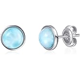 MDFUN 925 Sterling Silver Natural Larimar Earrings for Women Hypoallergenic 6MM Round Blue Gemstone Stud Jewelry