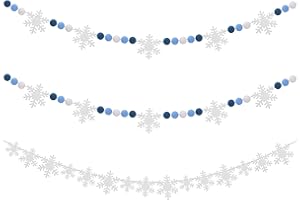 Leinuosen 3 Pack 6 ft Snowflake Garland Winter Felt Ball Garland Blue White Pom Balls Banner Cute Snowball Snowflake Christmas Felt Banners Ornaments Hanging String for Home Room Decor Holiday Party